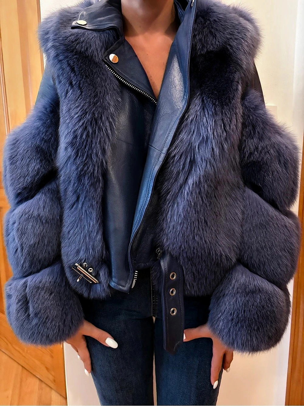 Faux Fur Leather-Look Jacket in Blue Like New S/M